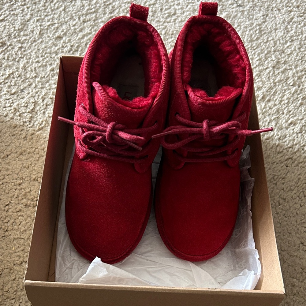 UGG Kids Red Lace-Up Plush Winter Boots
